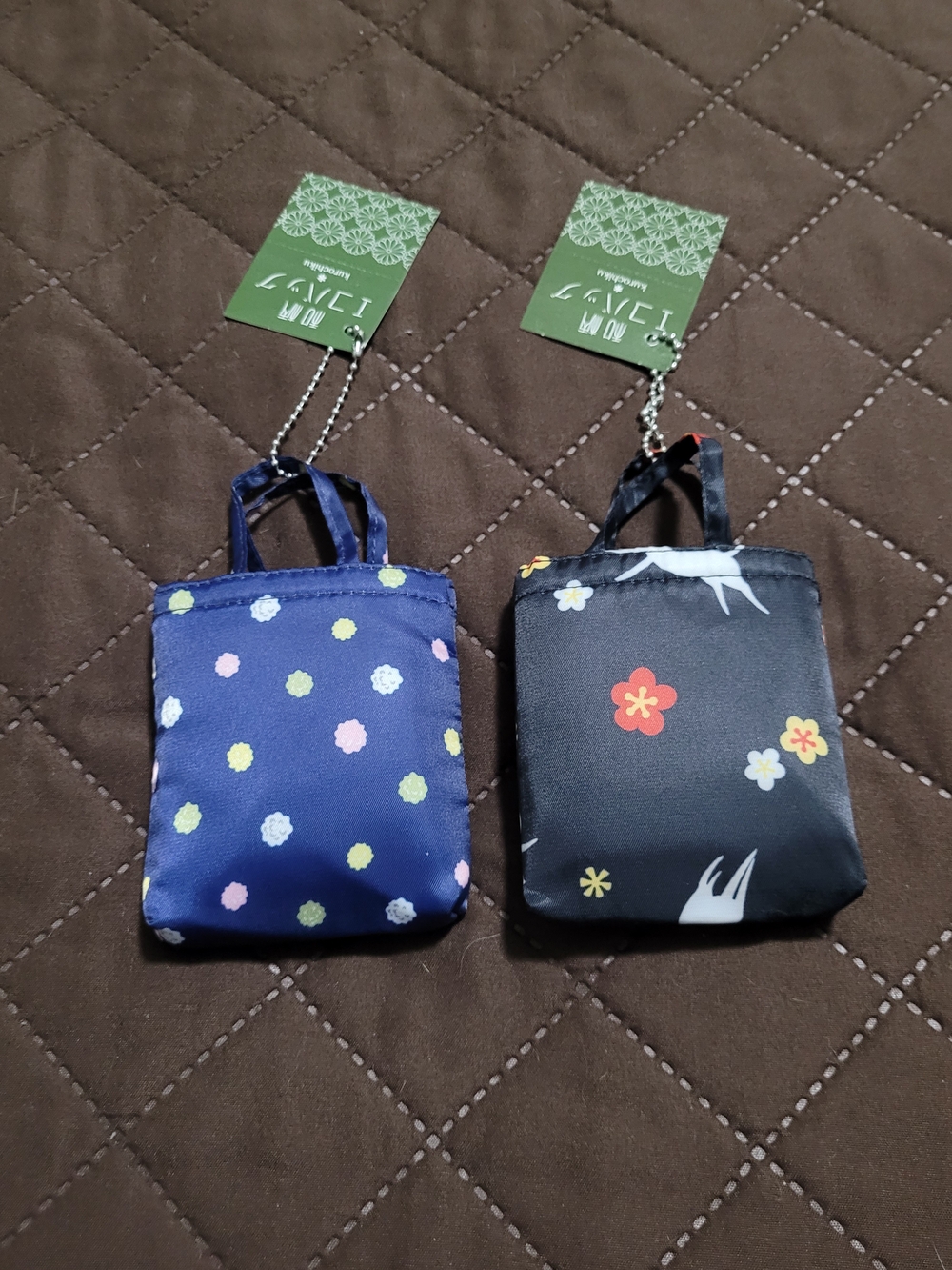 NWT Kurochiku Japanese Pocketable Eco Bags Keychains - Set of 2 (Cat & Flora)